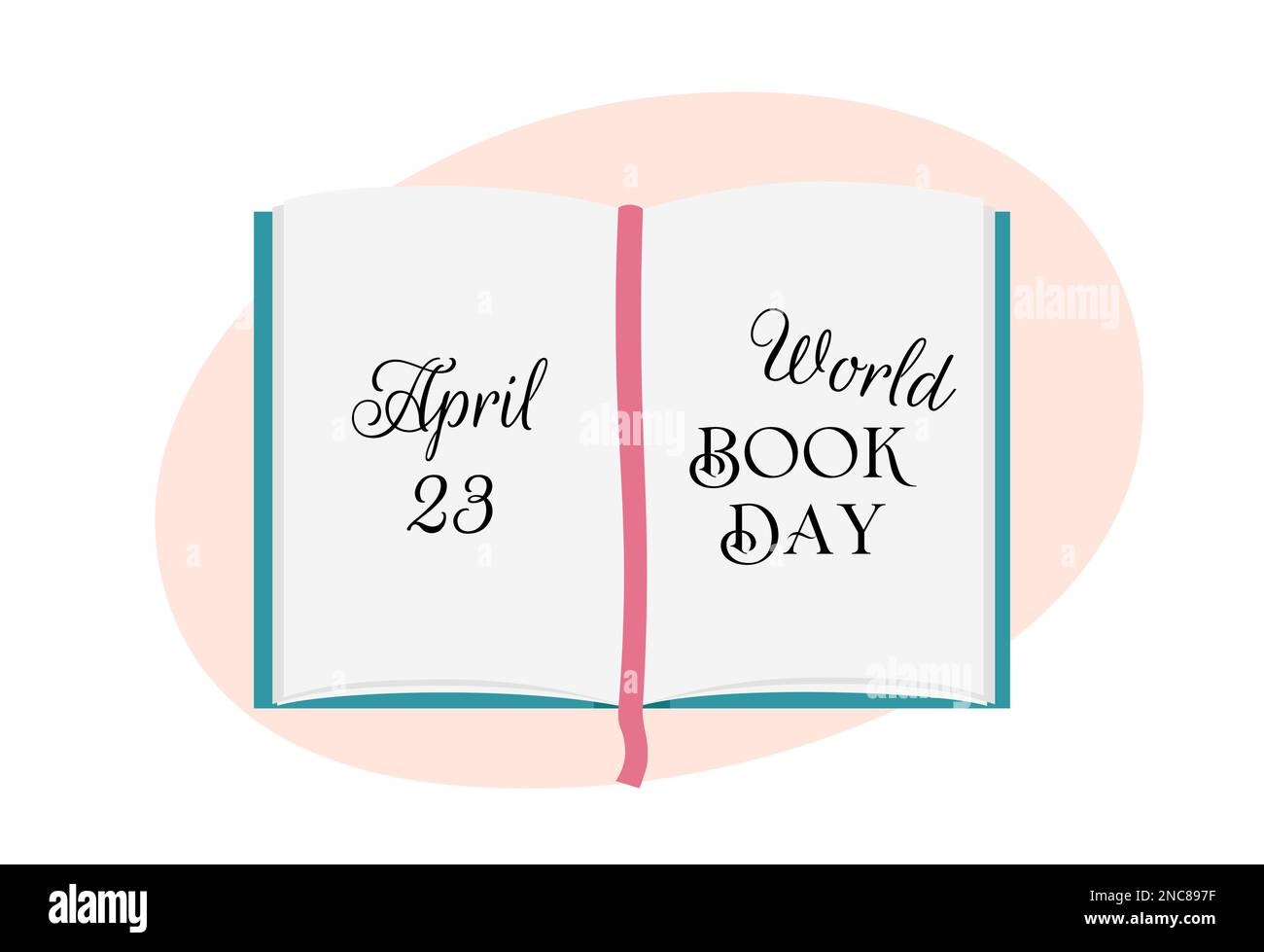 Weltbuchtag. Feierlichkeiten am 23. April. Öffnen Sie Buch und Text. Vektor-Illustration. Ich liebe es, Poster und Grußkarte zu lesen Stock Vektor