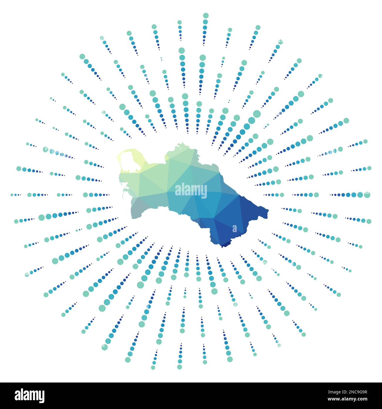 Form Turkmenistans, polygonaler Sonnenaufgang. Landkarte mit farbenfrohen Sternenstrahlen. Stock Vektor