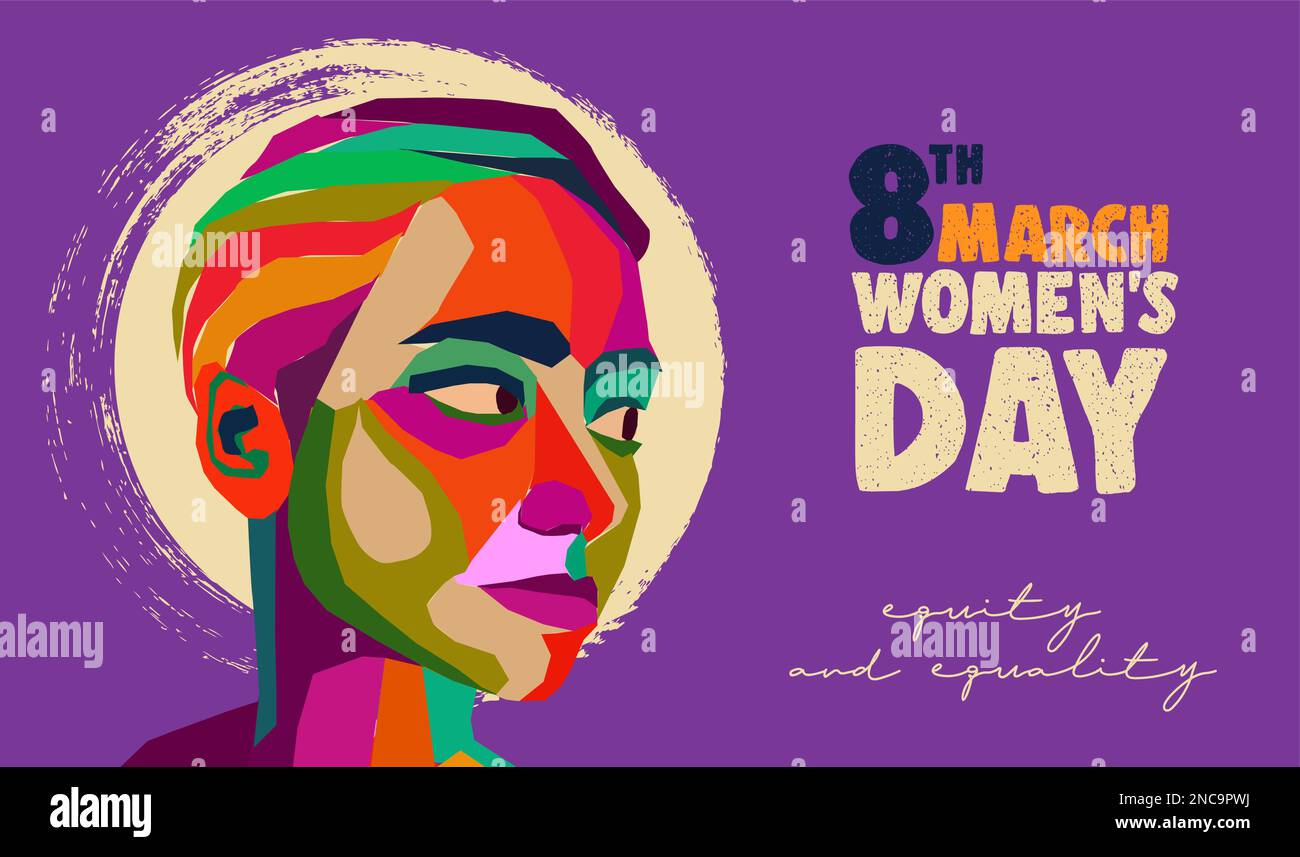 Vorlage für internationale Grußkarten für Damen mit violettem Hintergrund und Gesicht einer jungen Frau in farbenfrohem, abstraktem Collage-Design. Abbildung für Inter Stock Vektor