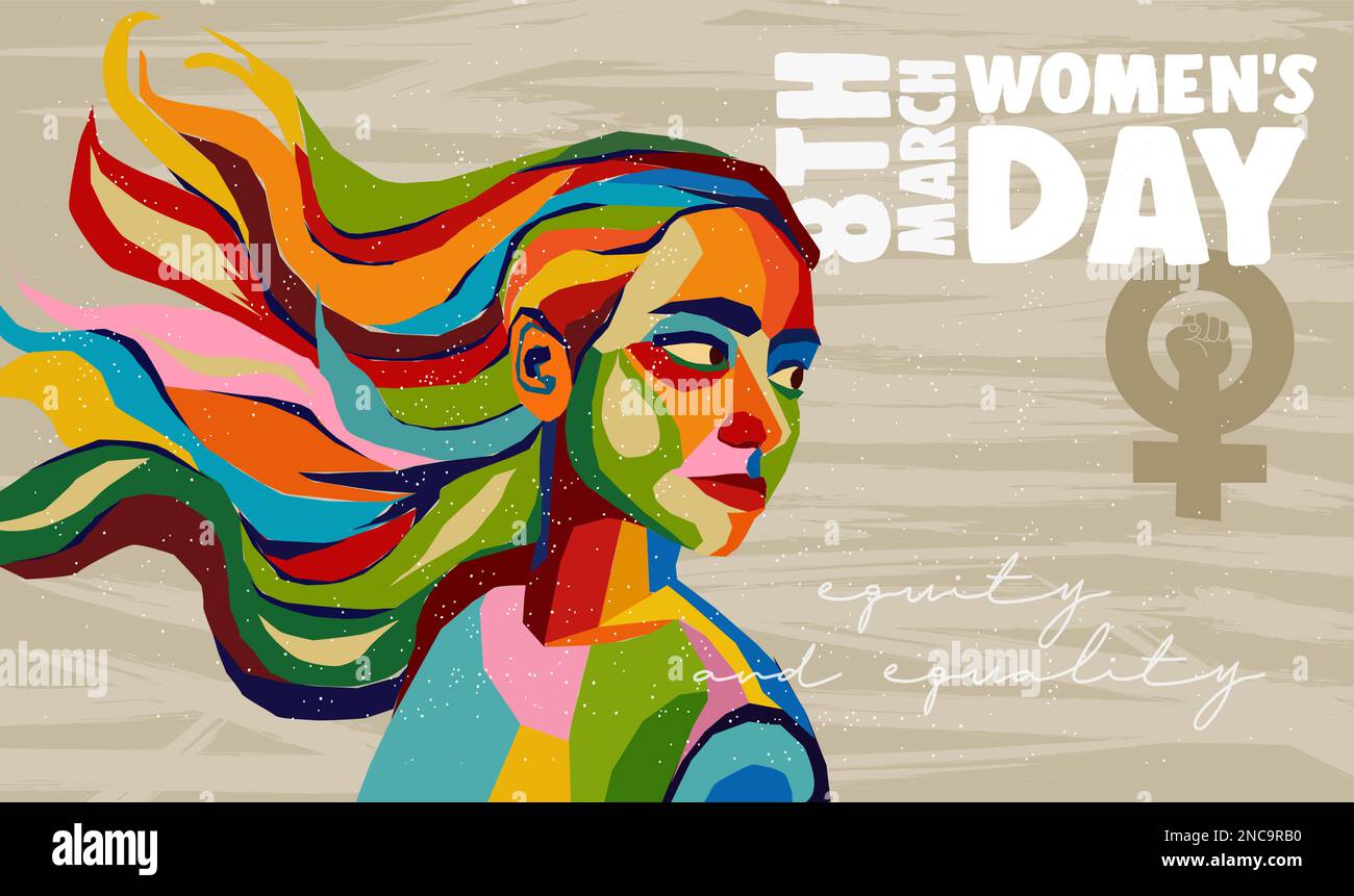 Vorlage für internationale Grußkarten für Damen mit Grunge-Hintergrund und einem Gesicht für junge Frauen mit langen Haaren in farbenfrohem, abstraktem Collage-Design. Illustr Stock Vektor