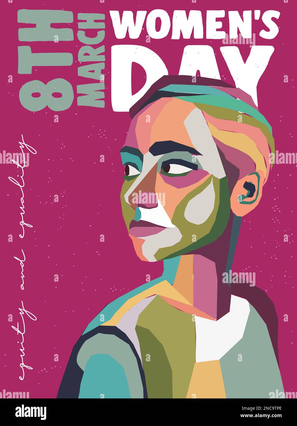Vorlage für internationale Grußkarten für Damen mit Gesicht einer jungen Frau in Pastellfarben abstraktes Collage-Design. Posterdarstellung für International Stock Vektor
