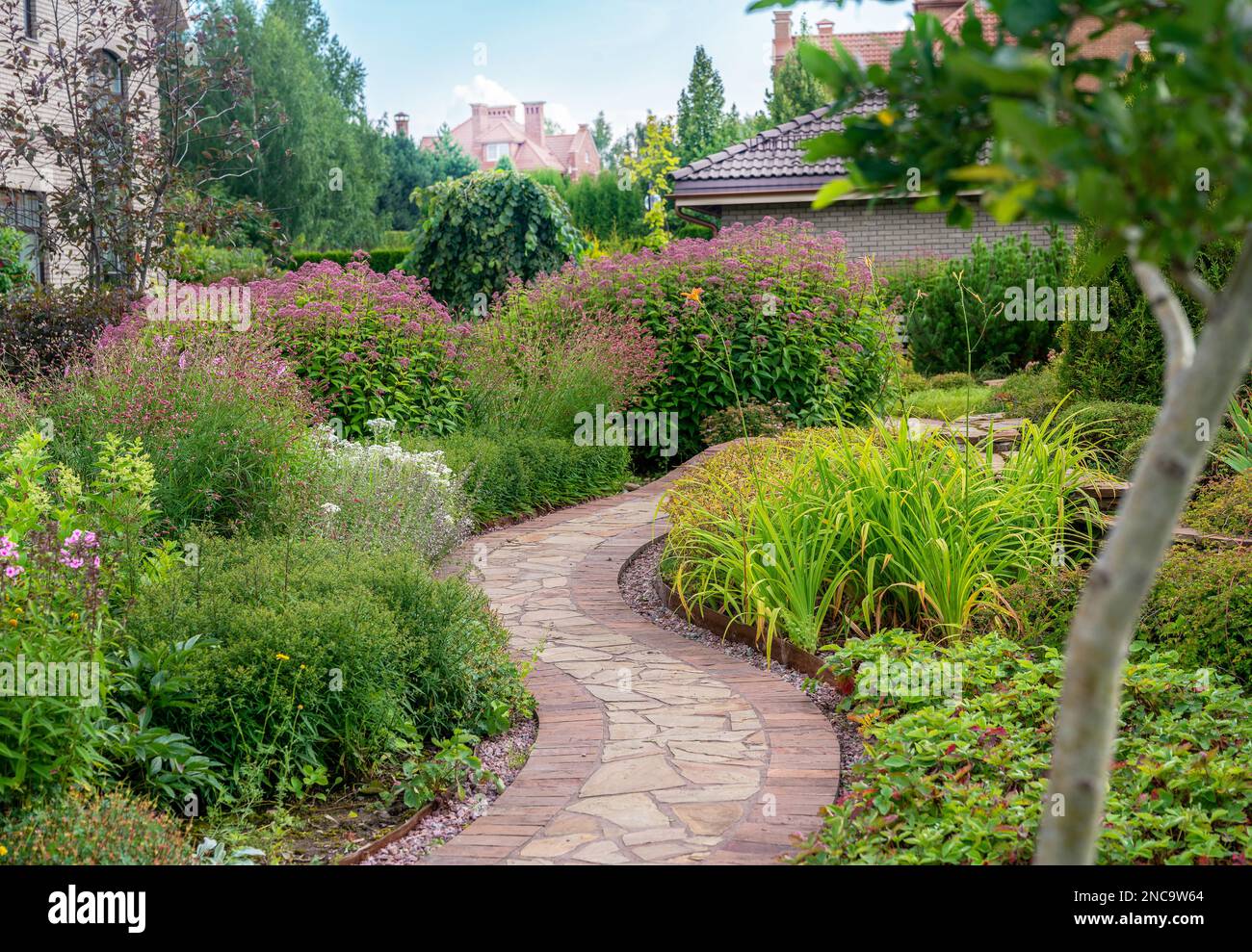 Atemberaubende Gartenarbeit in einem der Villen (Datscha) im wohlhabenden Dorf Sanguidosrba, Echinacea und das belgische Dorf PATH (so genannt) in Mosco Stockfoto