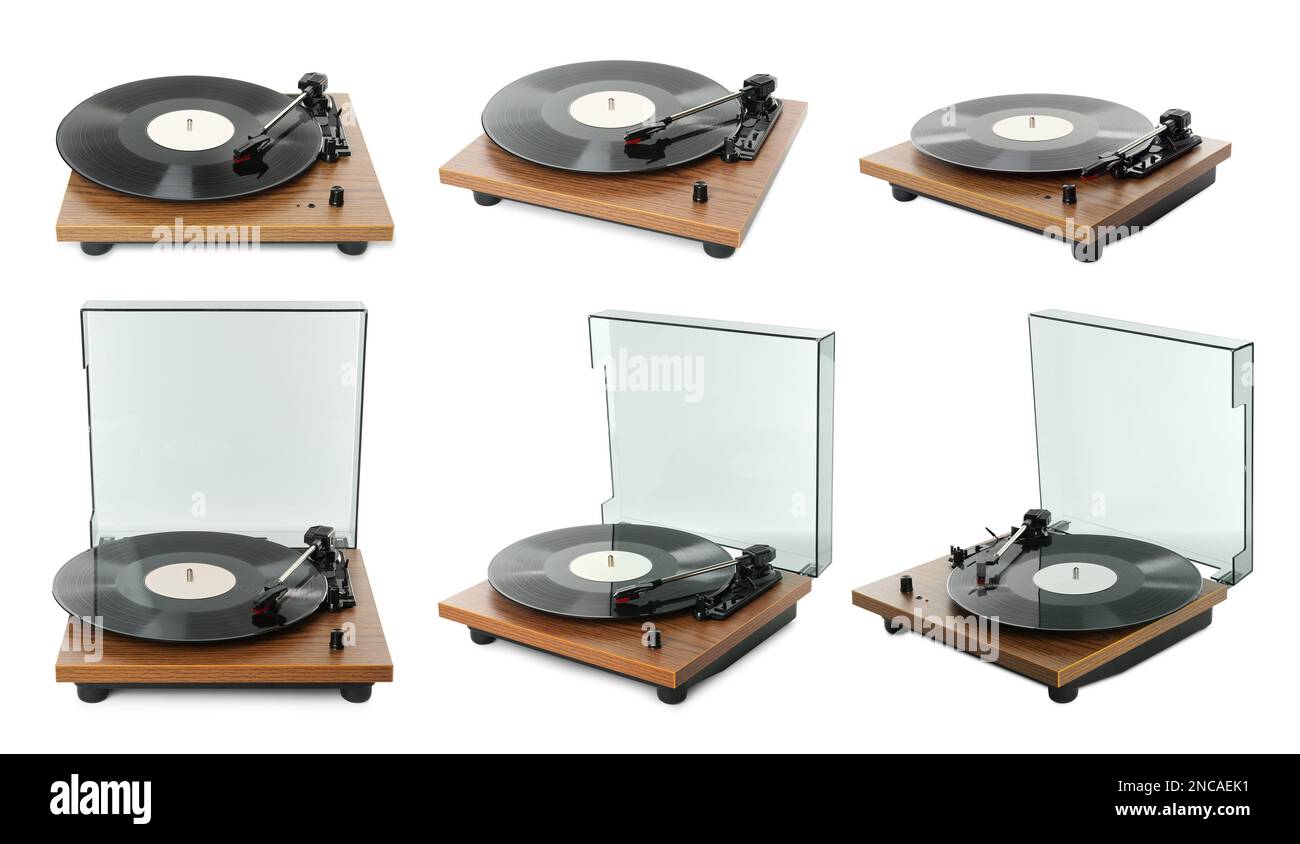 Plattenspieler mit Vinylplatten auf weißem Hintergrund, Collage. Bannerdesign Stockfoto