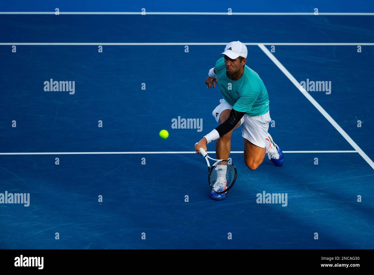 DELRAY BEACH, Florida - 14. FEBRUAR: Fernando Verdasco von Spanien in Aktion am 2. Tag des Delray Beach Open im Delray Beach Tennis Center am 12. Februar 2023. (Foto: Mauricio Paiz) Stockfoto