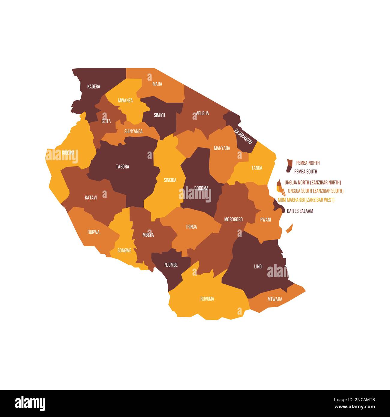 Tansania politische Karte der Verwaltungsabteilungen - Regionen. Flache Vektorzuordnung mit Namensbezeichnungen. Braun - orangefarbenes Farbschema. Stock Vektor