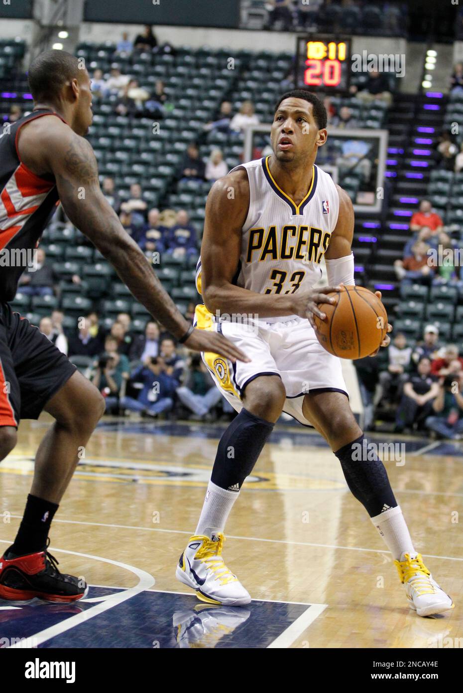 Indiana Pacers forward Danny Granger looks to shoot against the Toronto Raptors in the first half of an NBA basketball game in Indianapolis, Monday, Jan. 31, 2011. (AP Photo/Michael Conroy) Stockfoto