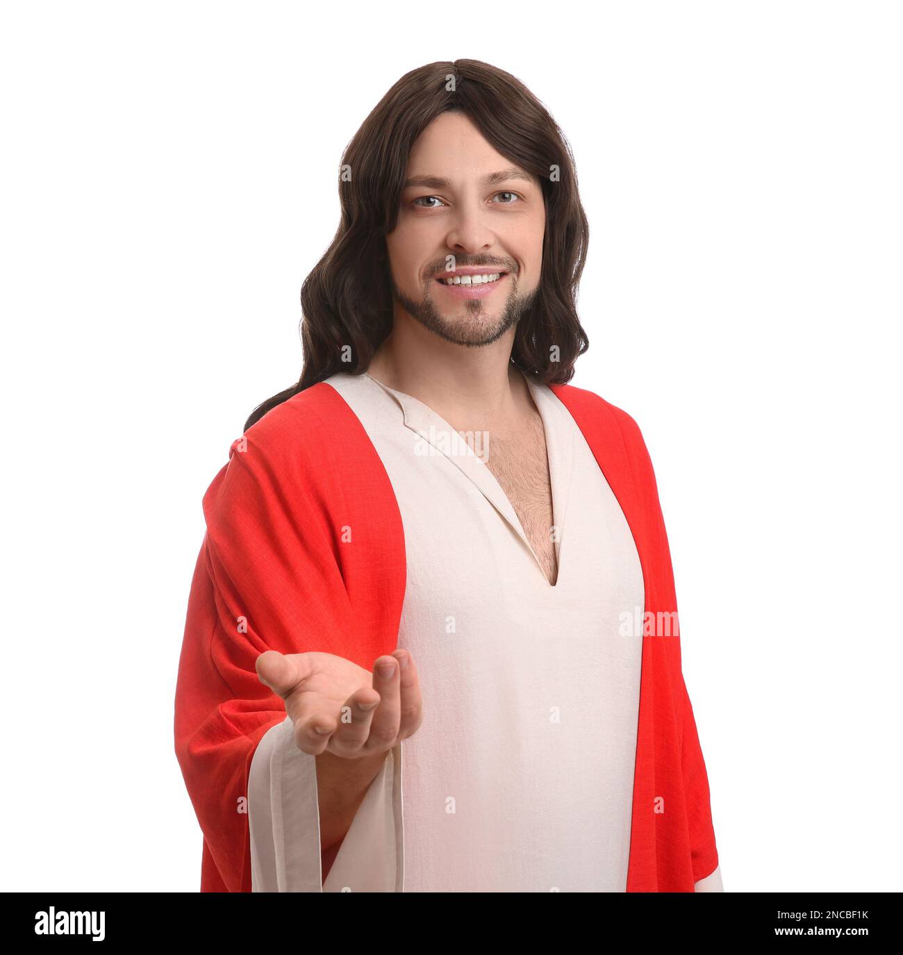 Jesus Christus streckt seine Hand auf weißem Hintergrund aus Stockfoto