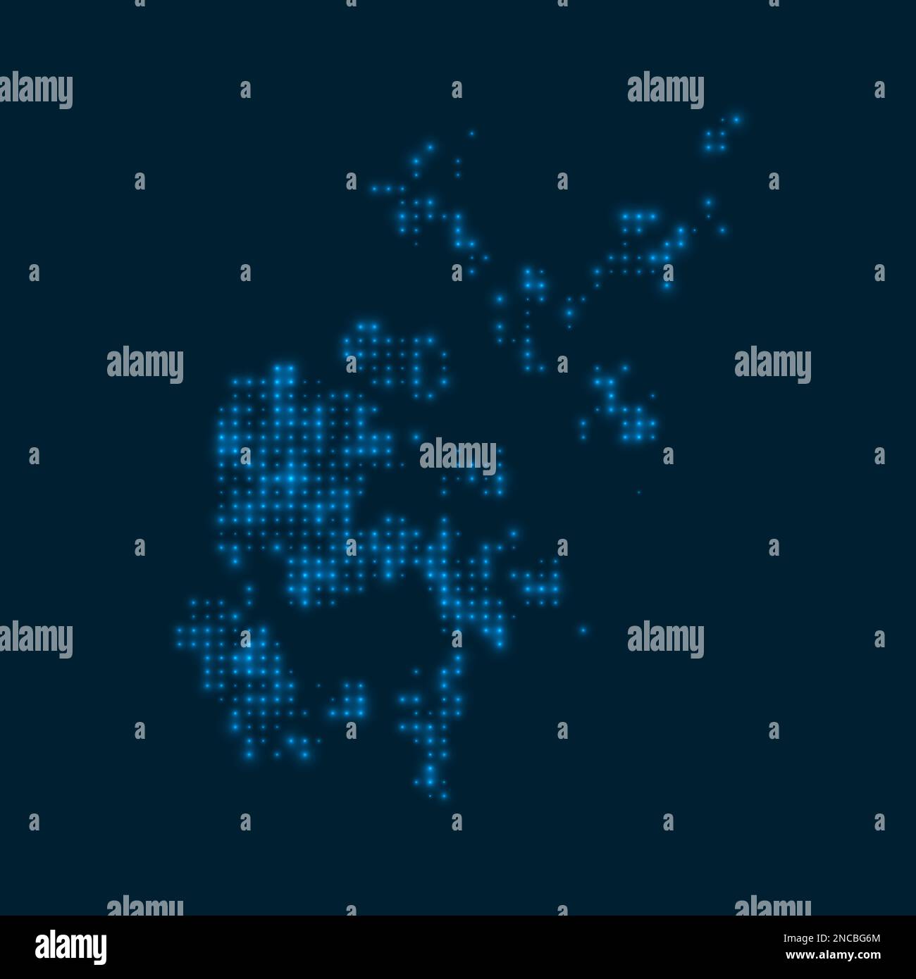 Orkney Islands gepunktete, leuchtende Karte. Form der Insel mit blauen hellen Glühbirnen. Vektordarstellung. Stock Vektor