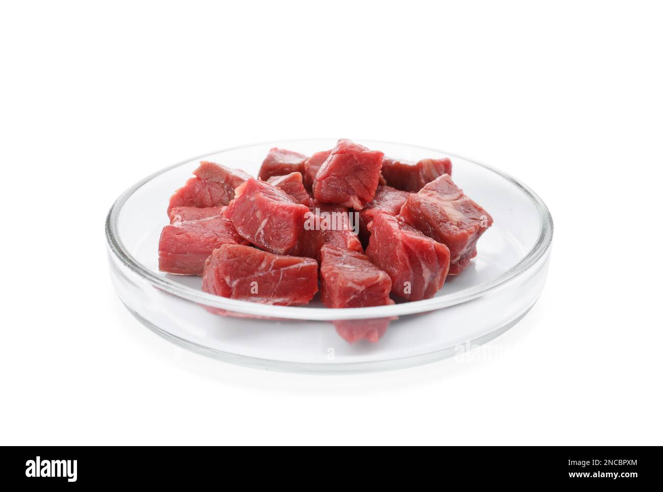 Petrischale mit Stücken rohem Zuchtfleisch auf weißem Hintergrund Stockfoto