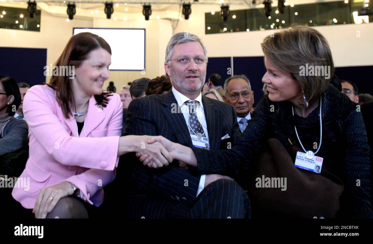 Finnish Prime Minister Mari Kiviniemi, left, shakes hands with Belgium ...