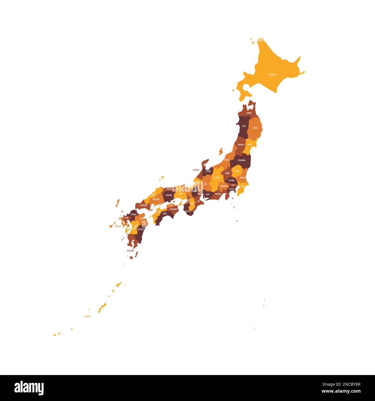 Politische Karte der Verwaltungseinheiten Japans - Präfekturen, Metropilis Tokio, Territorium Hokaido und städtische Präfekturen Kyoto und Osaka. Flache Vektorzuordnung mit Namensbezeichnungen. Braun - orangefarbenes Farbschema. Stock Vektor