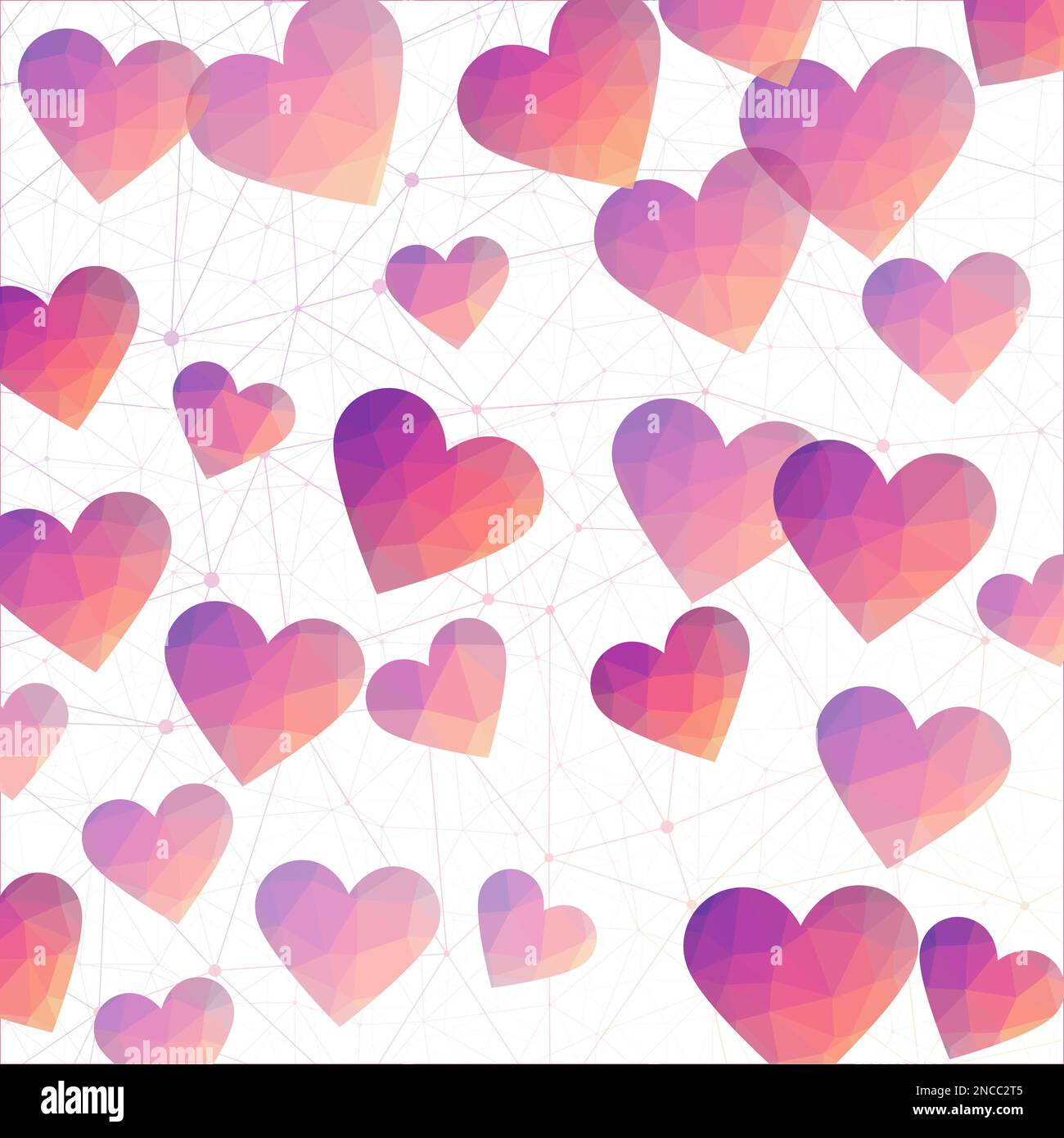 Herzen. Polygonale Herzen in den Farben des Sonnenuntergangs. Faszinierendes digitales Design. Künstlerische Vektordarstellung. Stock Vektor