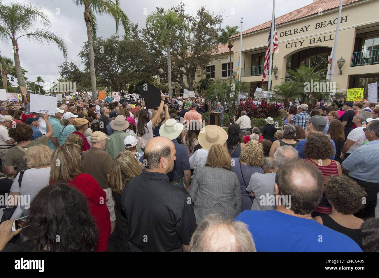 DELRAY Beach, FL - 19. Februar Hunderte versammelt, um den Verkauf von sturmgewehren in der Parklandschaft Schießen im Rathaus in Delray Beach, FL Menschen zu protestieren: Atmosphäre Stockfoto