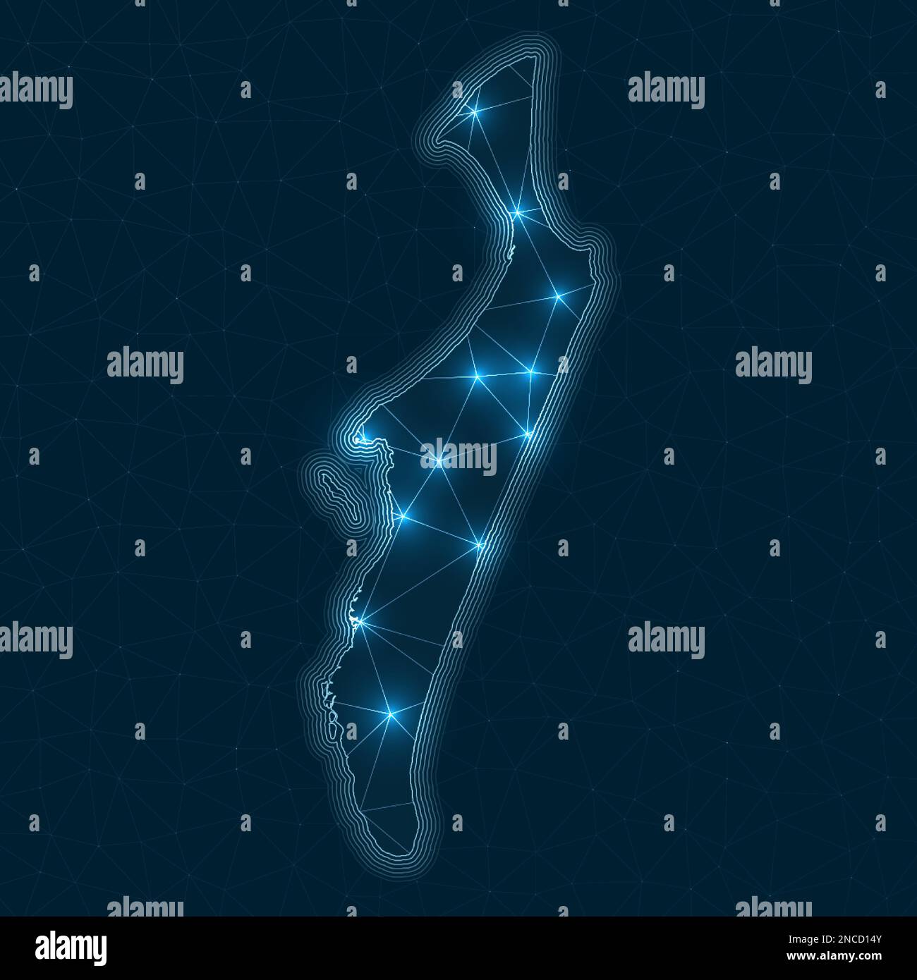 Fraser Island Netzwerkkarte. Abstrakte geometrische Karte der Insel. Digitale Anschlüsse und Telekommunikationsdesign. Leuchtendes Internetnetzwerk. Stilvoll vs Stock Vektor