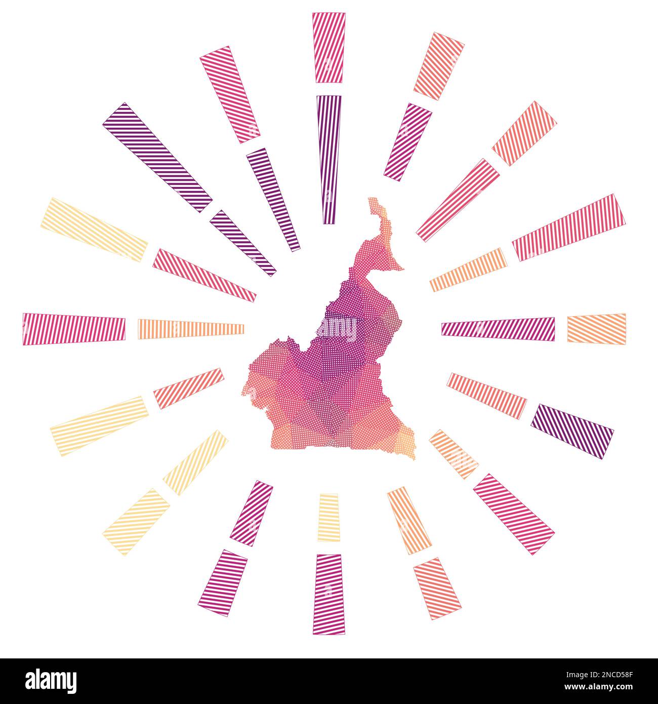 Kamerun Sonnenaufgang. Niedergestreifte Rochen und Landkarte. Leistungsstarke Vektordarstellung. Stock Vektor