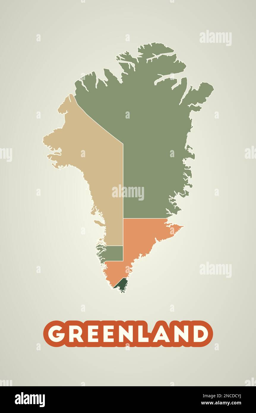 Grönländisches Poster im Retro-Stil. Karte des Landes mit Regionen in der Farbpalette für den Herbst. Form Grönland mit Ländername. Attraktive Vektorillu Stock Vektor