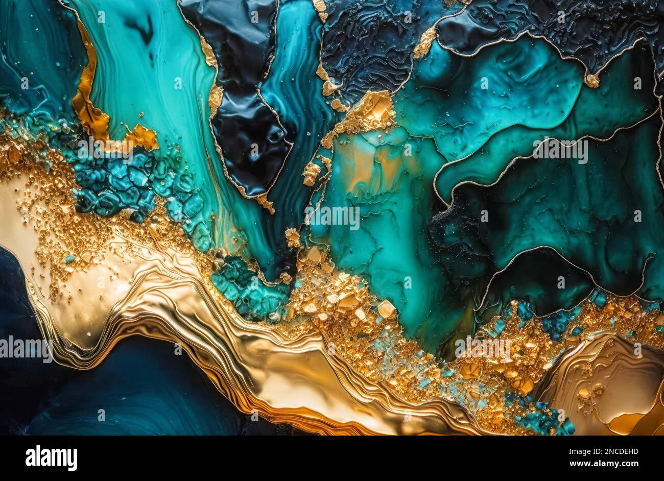 Luxuriöses Harz abstrakte Kunst, Alkohol Tinte abstraktes blaues Gold Hintergrund, handbemalte flüssige Tinte Gold Spritzer Effekt Stockfoto