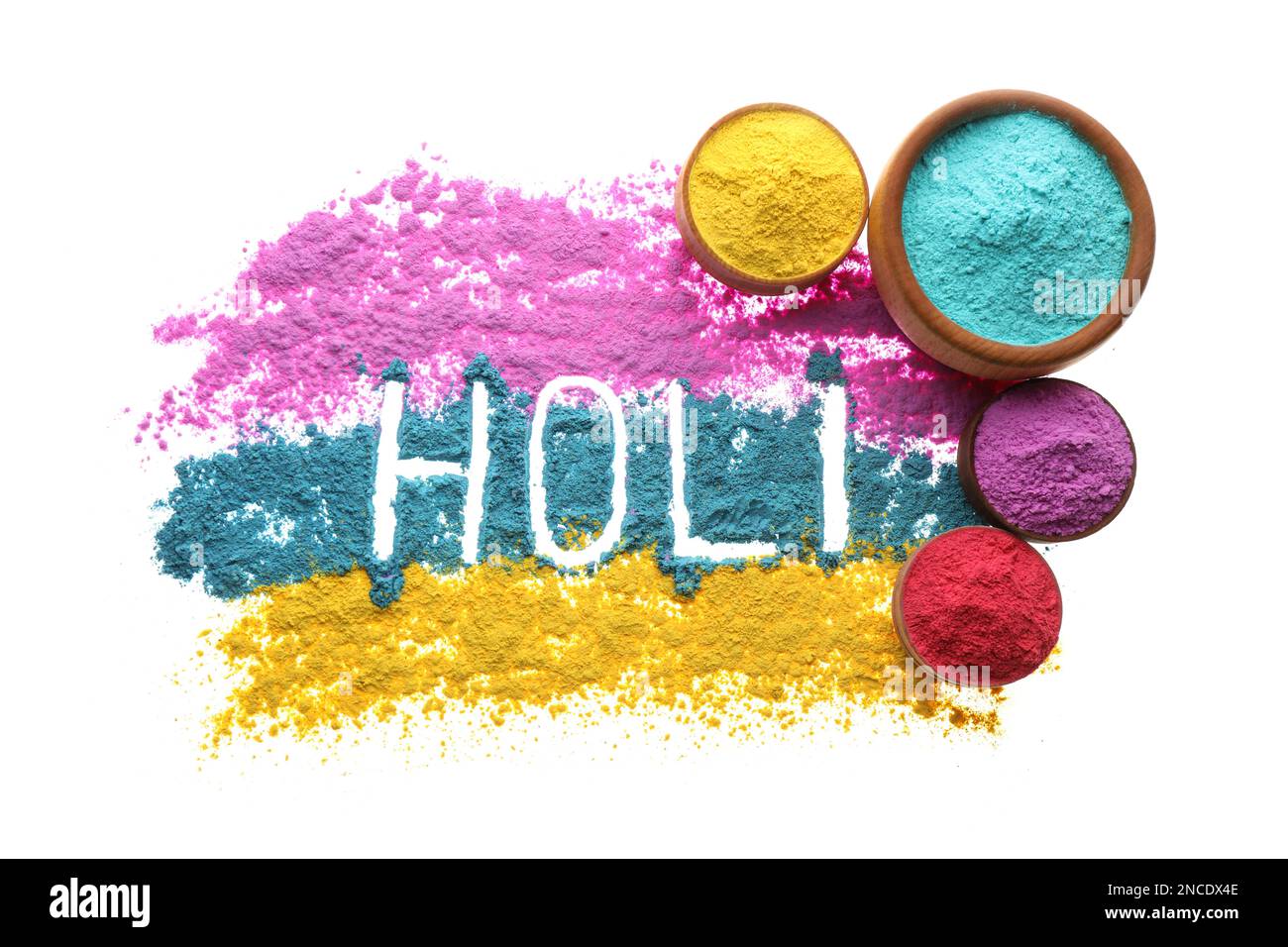 Bunte Pulver mit dem Wort „Holi“ auf weißem Hintergrund, Draufsicht Stockfoto