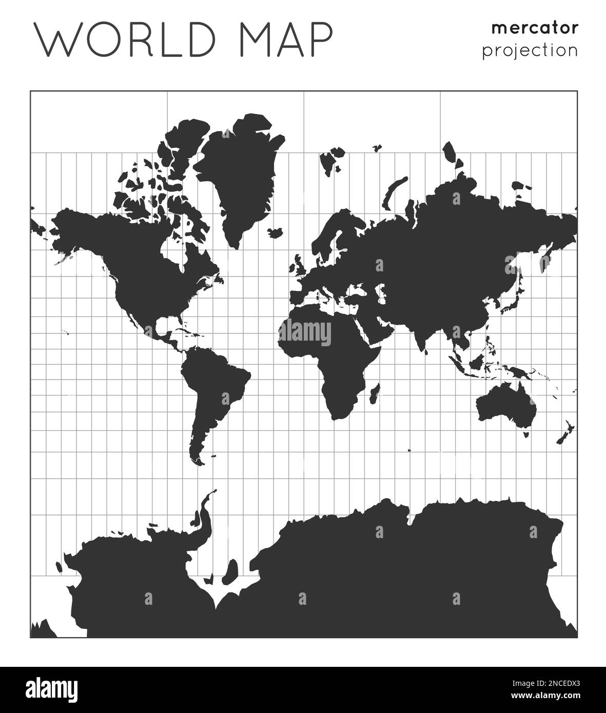 Weltkarte. Globus in Mercator Projektion, mit Rasterlinien. Moderne Vektorillustration. Stock Vektor