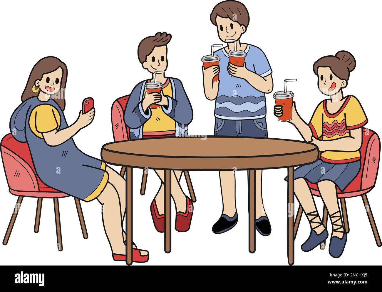 Handgezeichnete Gruppe von Teenagern, die Kaffee trinken, Illustration im Doodle-Stil, isoliert im Hintergrund Stock Vektor