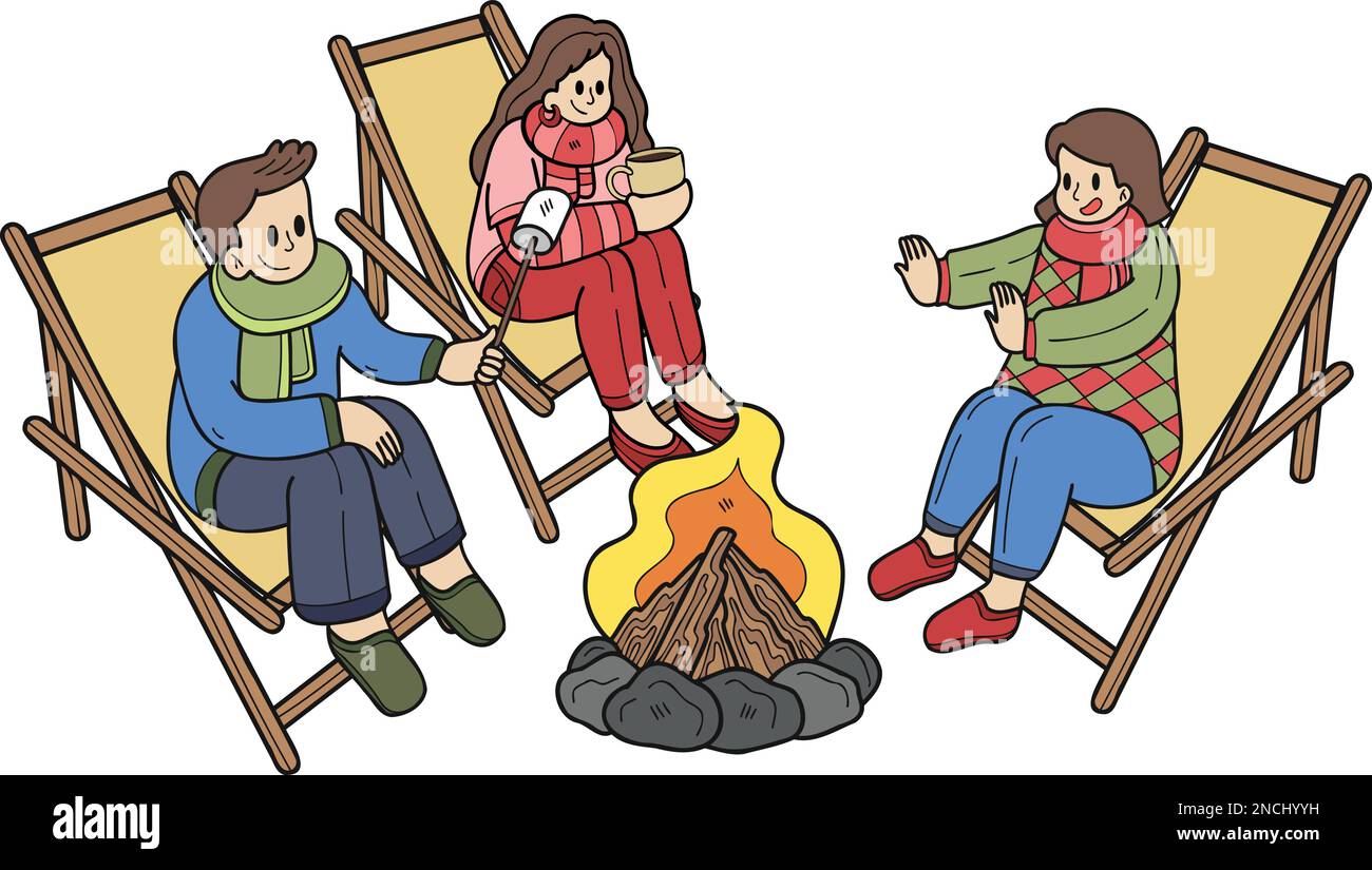 Handgezeichnet Eine Gruppe von Touristen, die am Feuer im Wald sitzen, Illustration im Doodle-Stil, isoliert im Hintergrund Stock Vektor