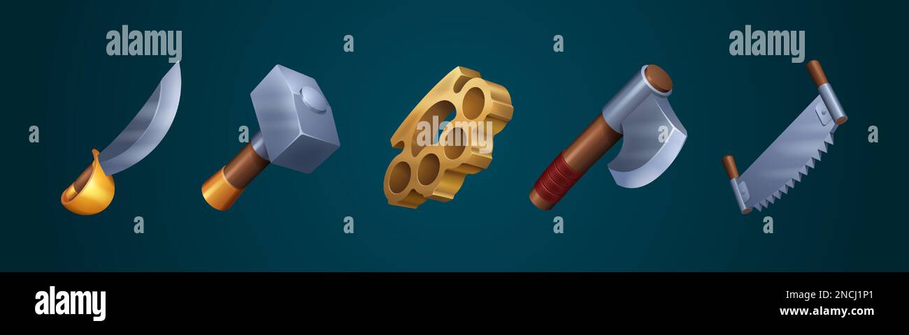 Cartoon-Set mit Spielwaffen oder Werkzeugen, isoliert im Hintergrund. Vektordarstellung eines mittelalterlichen scharfen Eisenmessers oder Stahlschwert, Säge, Hammer und Axt mit Holzgriffen und Messingschenkeln. Stock Vektor