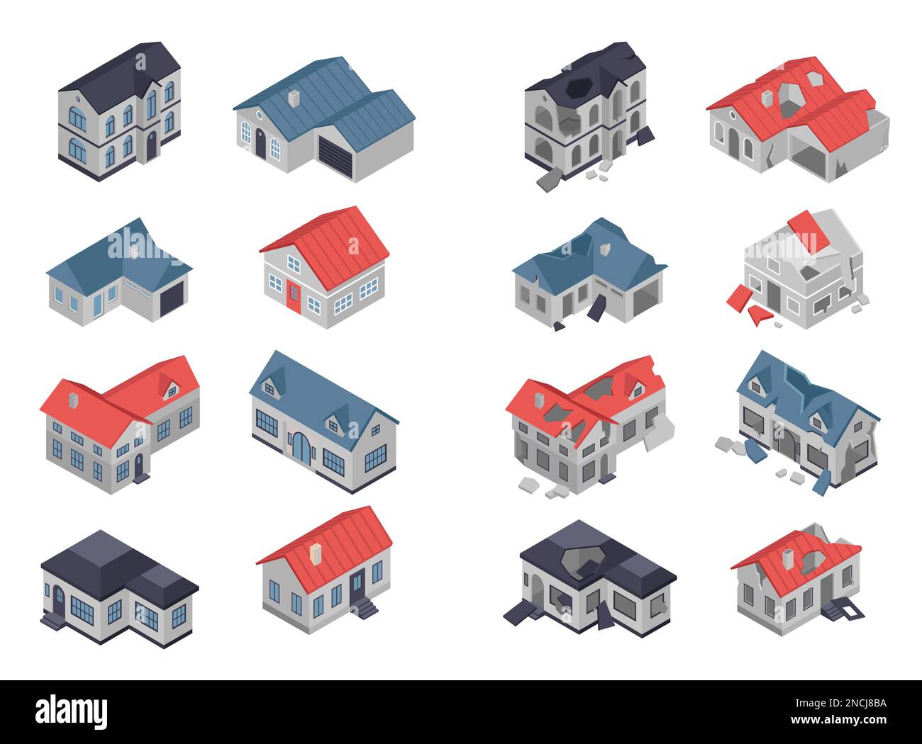Isometrischer Satz rustikaler und dörflicher Gebäude vor und nach Kataklysmus oder Krieg isolierte Vektordarstellungen Stock Vektor