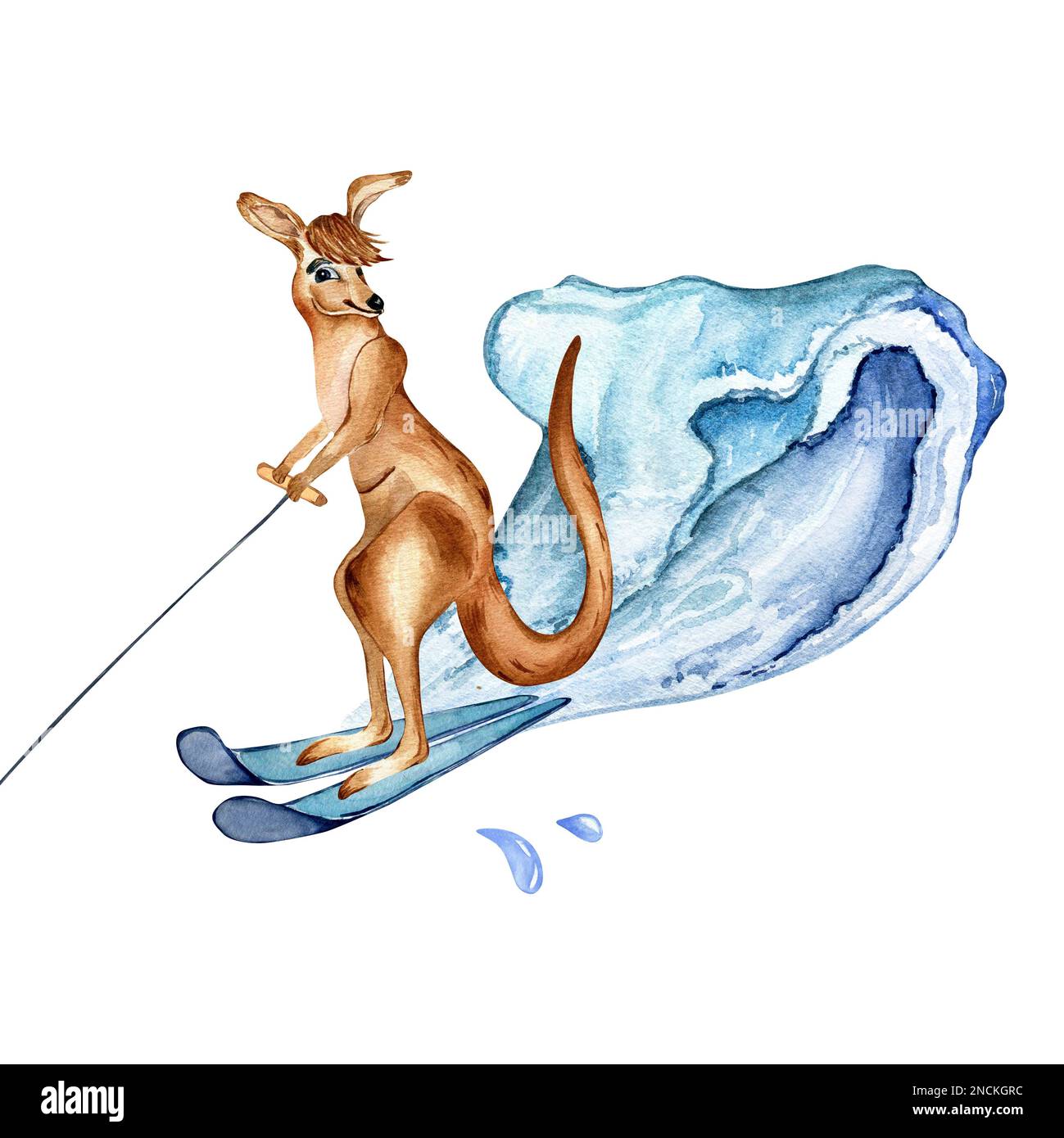 Das Cartoon-Känguru hat eine Wasserski-Grafik, die auf Weiß isoliert ...