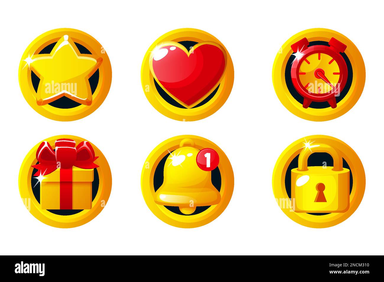 Set mit goldenen Spielsymbolen: Stern, Herz, Uhr, Geschenkbox, Glocke und Schloss. Spiele-App-Symbole Stock Vektor