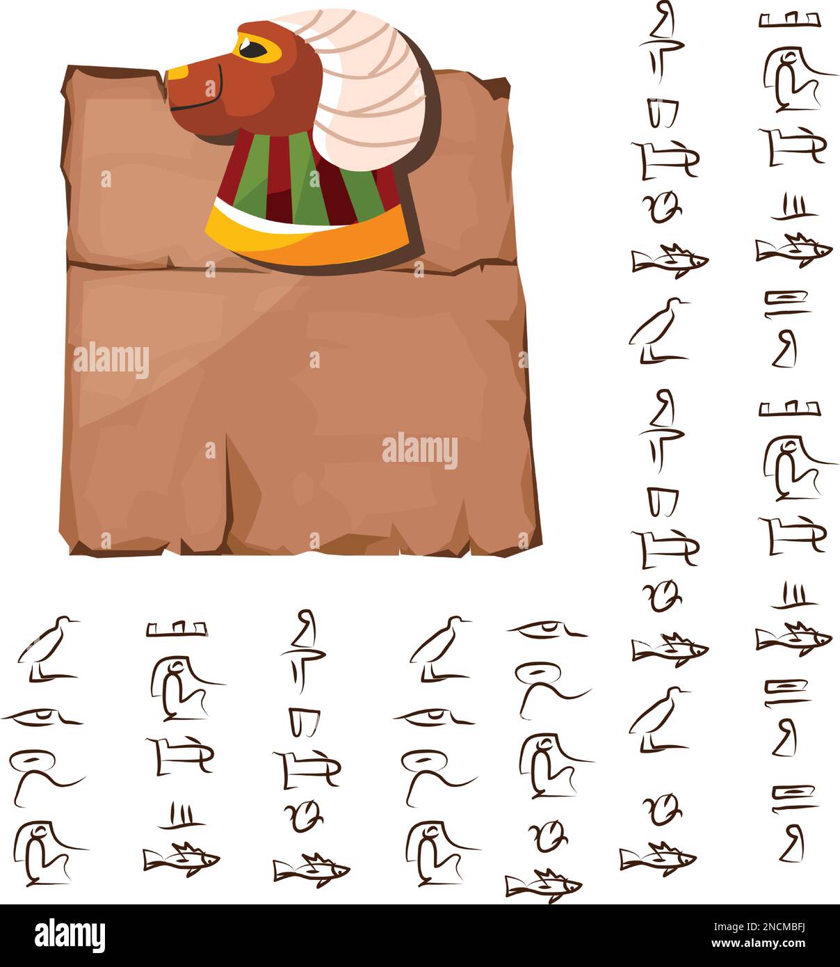 Altes ägyptisches Papyrus mit Rammbock-Karikatur-Vektordarstellung. Antikes Papier mit Hieroglyphen, Informationen speichern, ägyptische Kultur religiöses Symbol mit sonnengott isoliert auf weißem Hintergrund Stock Vektor