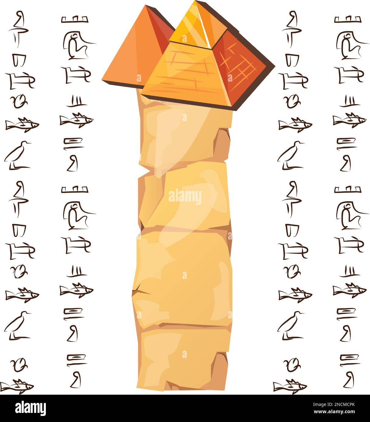 Altes ägyptisches Papyrus-Teil mit Pyramiden-Silhouetten-Cartoon-Vektordarstellung. Antikes Papier mit Hieroglyphen zum Speichern von Informationen, ägyptische Kultur religiöse Symbole, isoliert auf weißem Hintergrund Stock Vektor