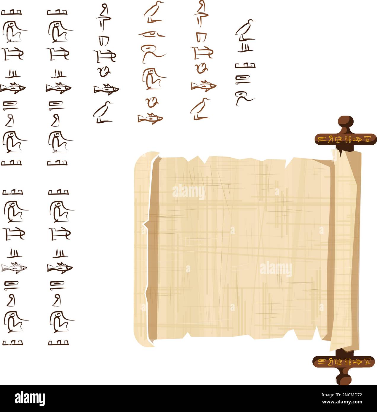 Alte ägyptische Papyrus-Schriftrolle mit Holzstäbchen-Cartoon-Vektordarstellung. Ägyptisches Kultursymbol, leeres, entfaltetes uraltes Papier zur Speicherung von Informationen mit Holzstäbchen, isoliert auf weißem Hintergrund Stock Vektor