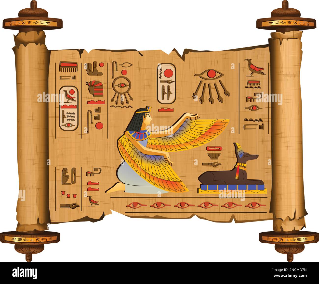 Alte ägyptische Papyrus-Schriftrolle mit Holzstäbchen Cartoon-Vektor mit Hieroglyphen und ägyptischen Kultursymbolen, die antiken Götter Isis und Anubis, isoliert auf weißem Hintergrund Stock Vektor