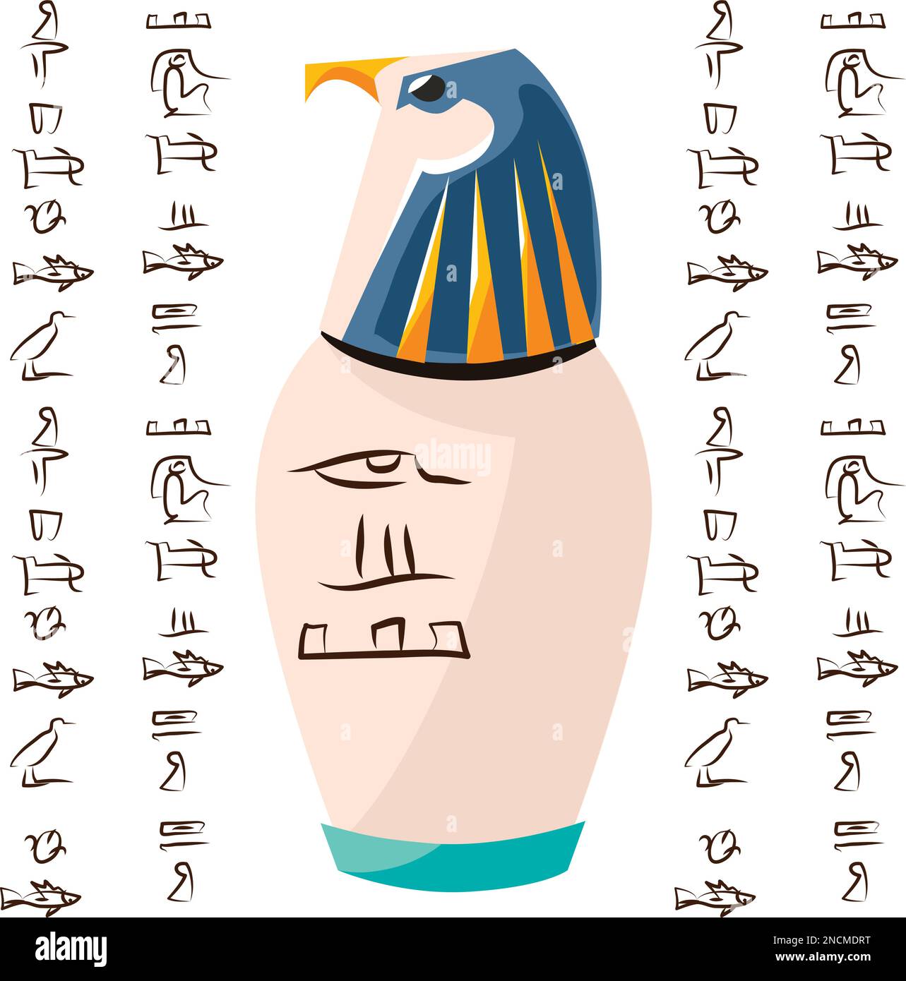 Alte ägyptische Ritualvase mit Falkenkopf und Hieroglyphen Cartoons Vektordarstellung. Dekorative Urne für Opfer für sonnengott Ra oder Aufbewahrung von Tempelschätzen, isoliert auf weißem Hintergrund Stock Vektor