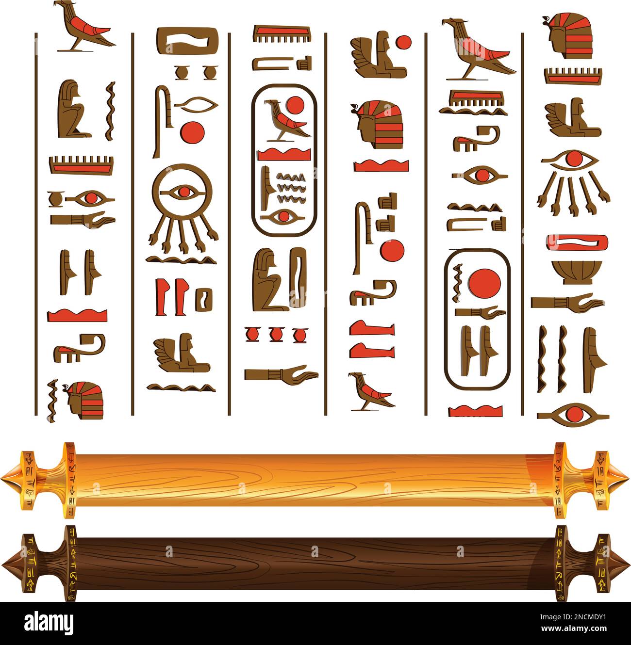 Alte Ägypten Hieroglyphen und Holzstäbe für Papyrus scroll Cartoon Vektor Sammlung. Ägyptische Kultursymbole, isoliert auf weißem Hintergrund Stock Vektor