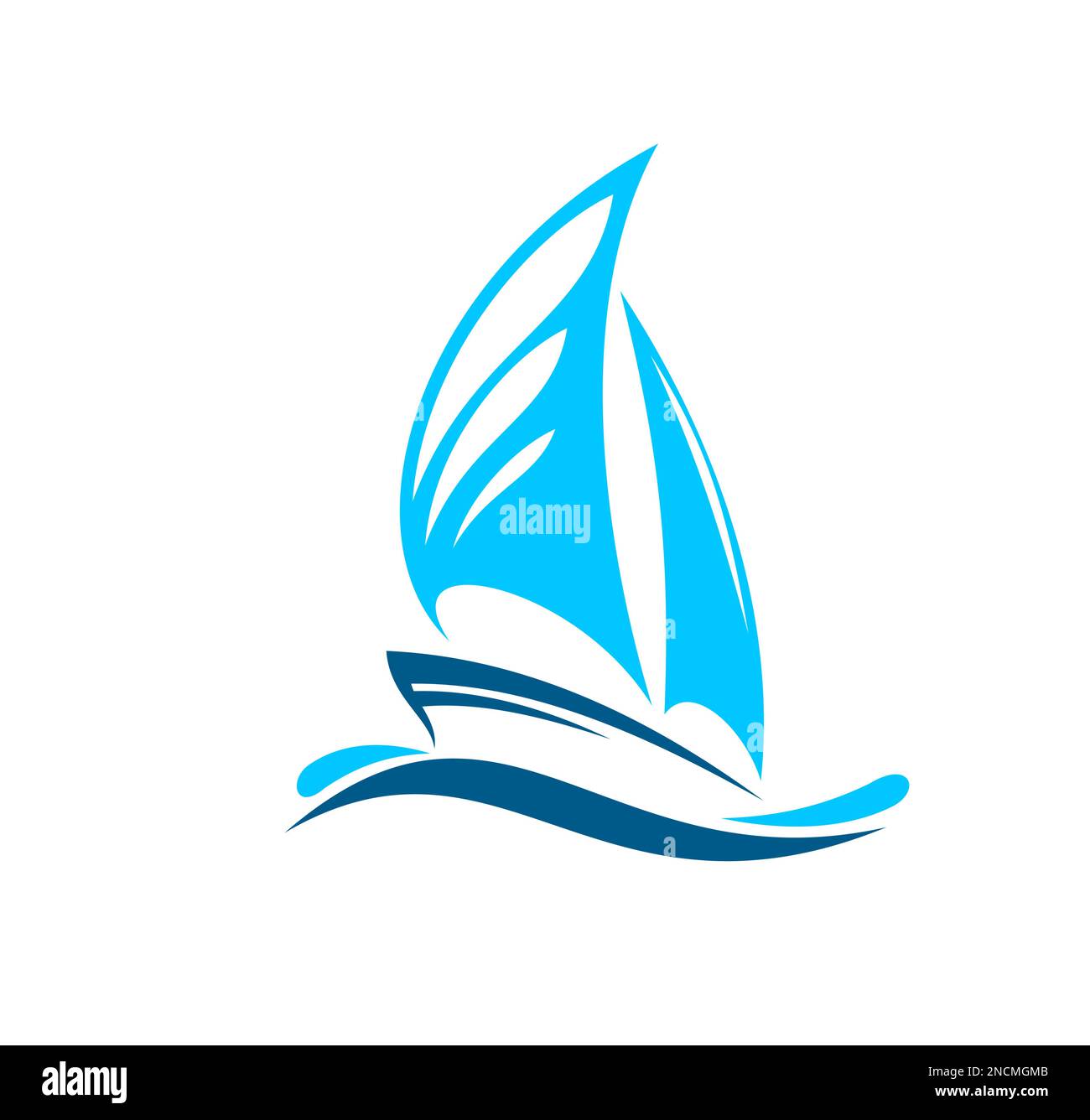 Yachtboot-Symbol, isoliertes Vektorsymbol mit blauem nautischem Schiff mit Segeln auf Meereswellen. Label für Segelsportklub, Seereise, Seesegelboottourismus, Wassertransport Schiffsschild Stock Vektor