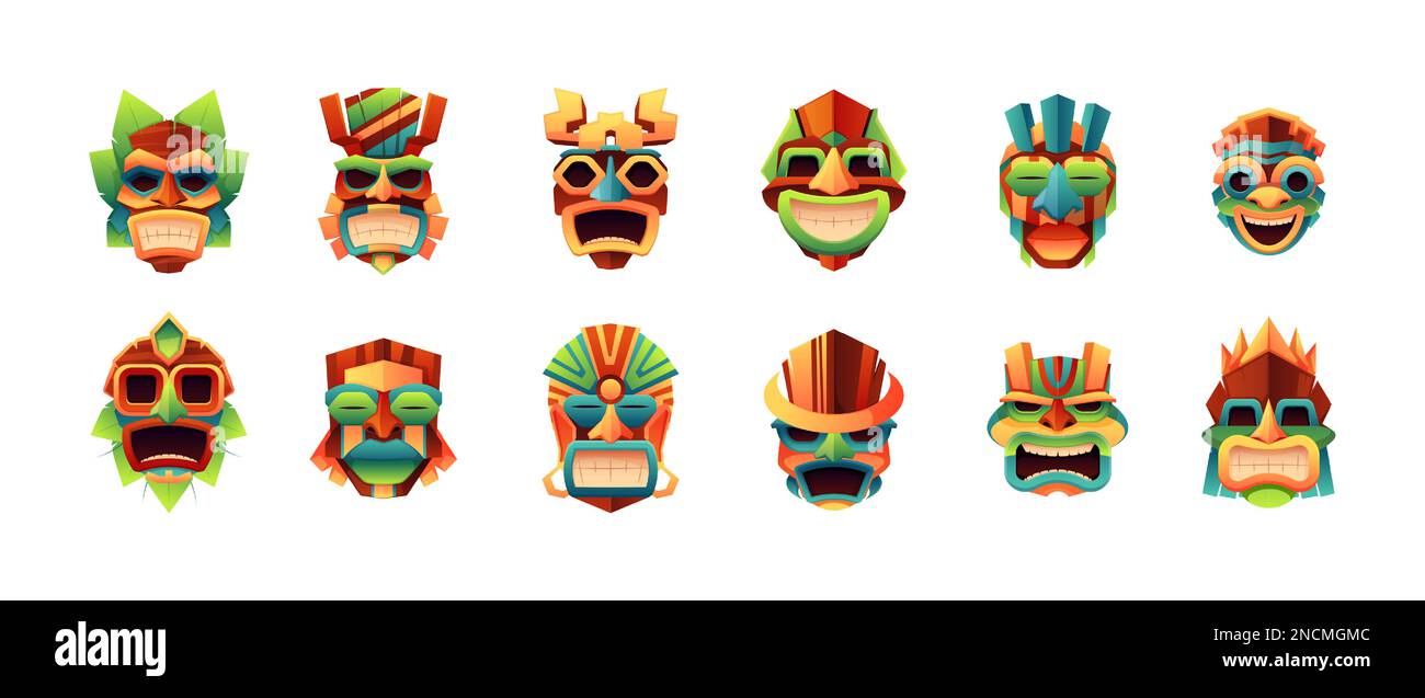 Tiki-Masken. Traditionelle stammestotems der maya azteken, zulu polynesian Mexican indianer Zeremonialidols, Cartoon ethnische Gesichtsmaske. Vektorflachsatz. Bemalte Gesichter mit verschiedenen Grimaces Stock Vektor