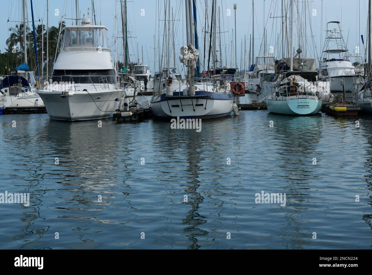 Wunderschöne minimalistische Hafenlandschaft, Segelyachten an der Anlegestelle, Richards Bay Hafen, Südafrika, Vergnügungsboote, Zululand Yacht Club, Reflexionen Stockfoto