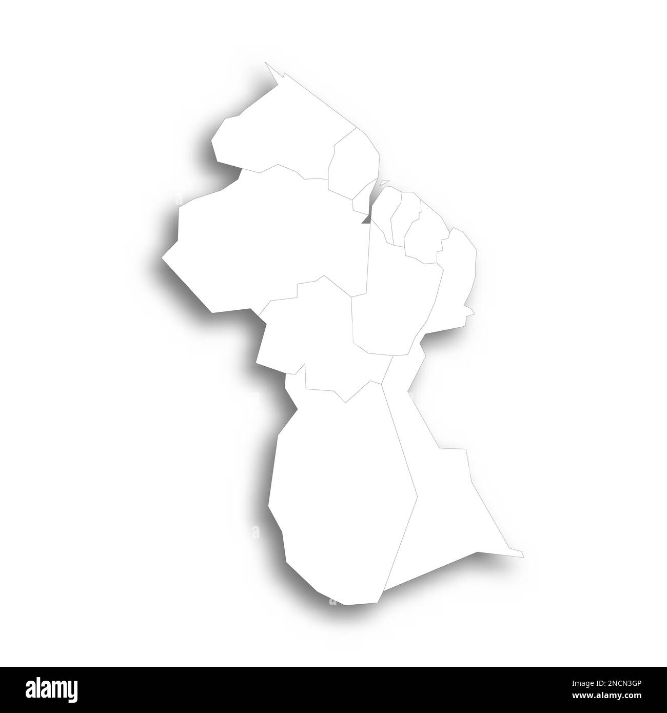 Politische Karte der Verwaltungsabteilungen - Regionen in Guyana. Flache weiße, leere Karte mit dünnem schwarzen Umriss und Schlagschatten. Stock Vektor