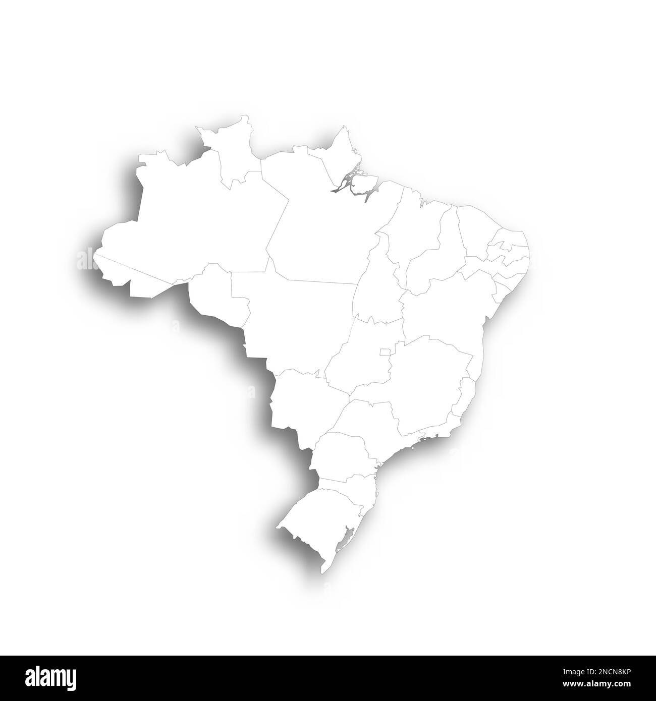 Politische Karte Brasiliens der Verwaltungsabteilungen - Föderative Einheiten Brasiliens. Flache weiße, leere Karte mit dünnem schwarzen Umriss und Schlagschatten. Stock Vektor