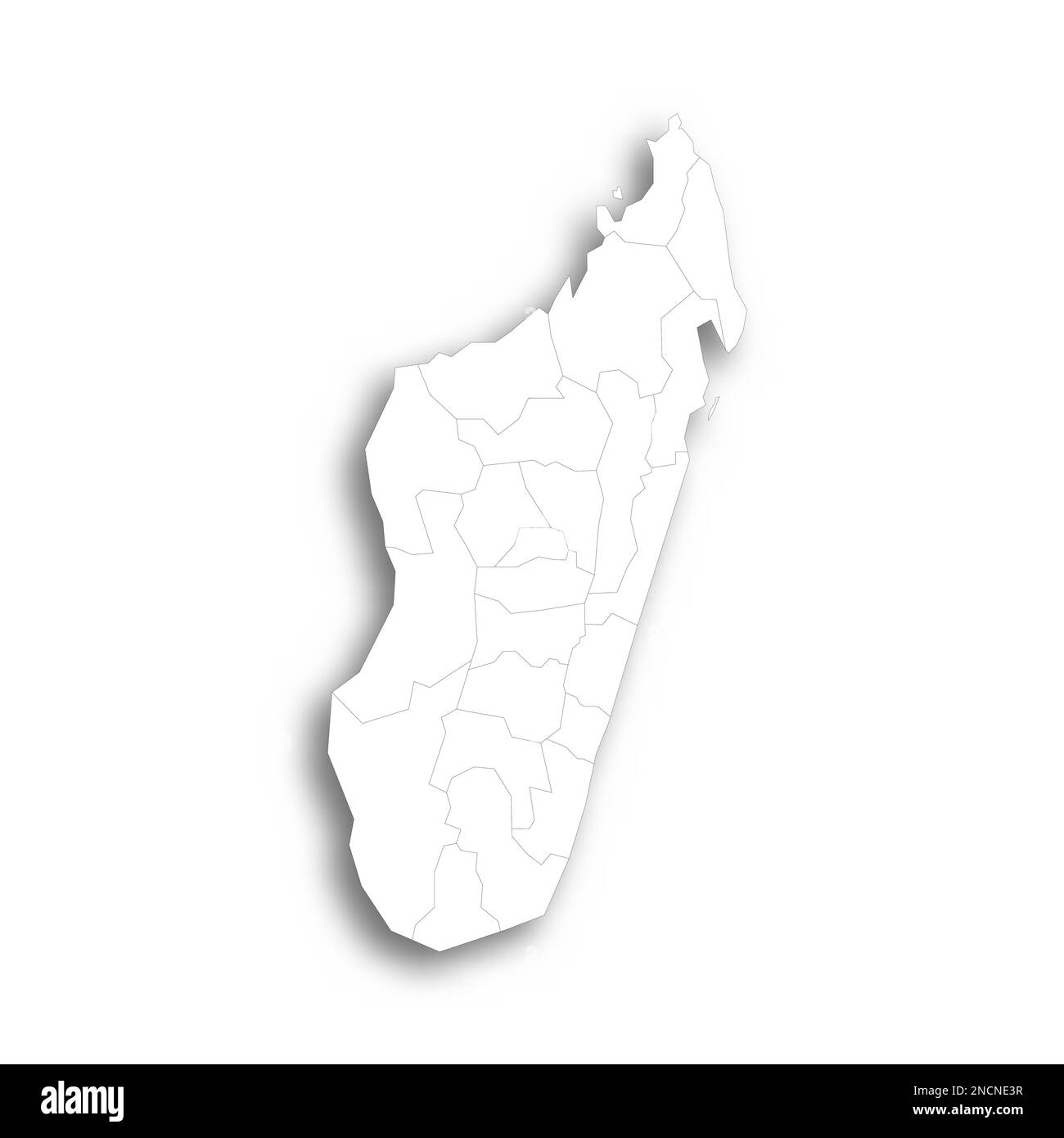 Madagaskar politische Karte der Verwaltungsabteilungen - Regionen. Flache weiße, leere Karte mit dünnem schwarzen Umriss und Schlagschatten. Stock Vektor