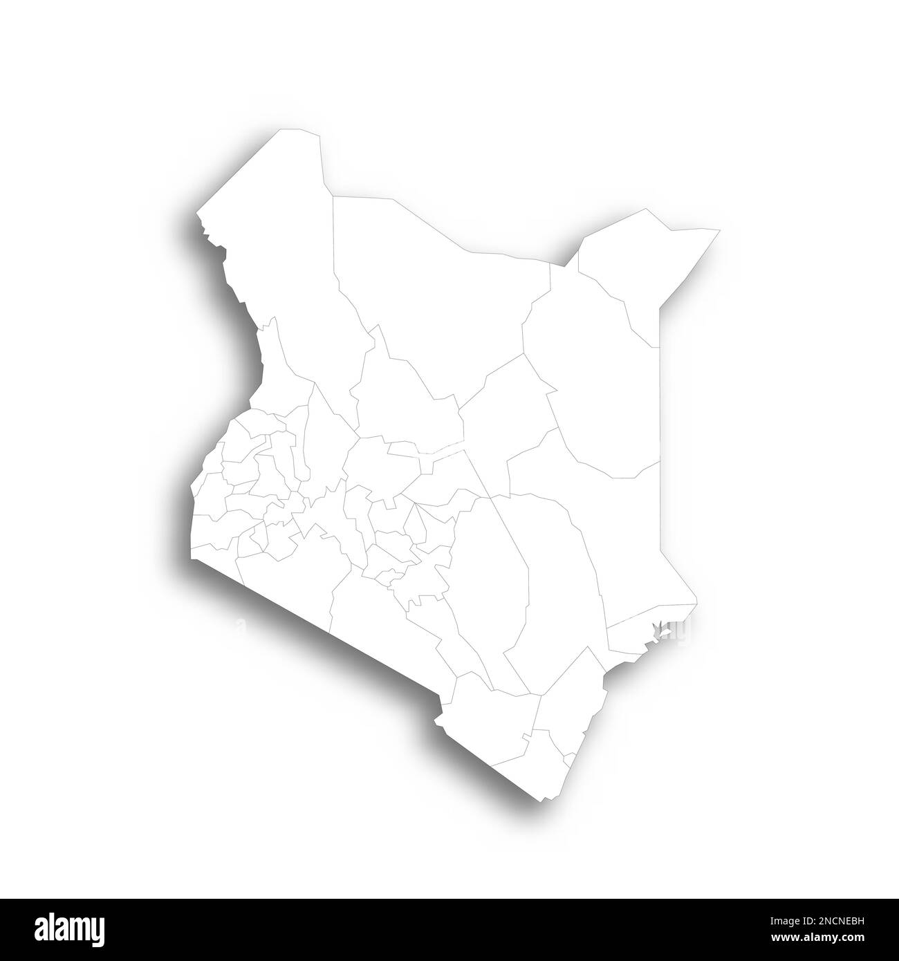 Kenia: Politische Karte der Verwaltungsabteilungen - Bezirke. Flache weiße, leere Karte mit dünnem schwarzen Umriss und Schlagschatten. Stock Vektor