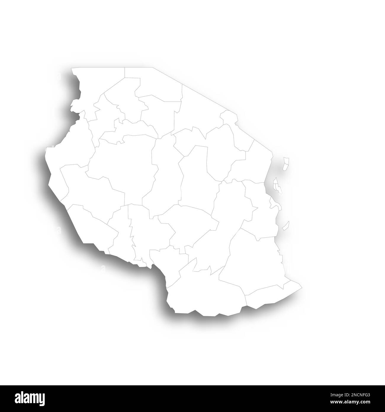 Tansania politische Karte der Verwaltungsabteilungen - Regionen. Flache weiße, leere Karte mit dünnem schwarzen Umriss und Schlagschatten. Stock Vektor