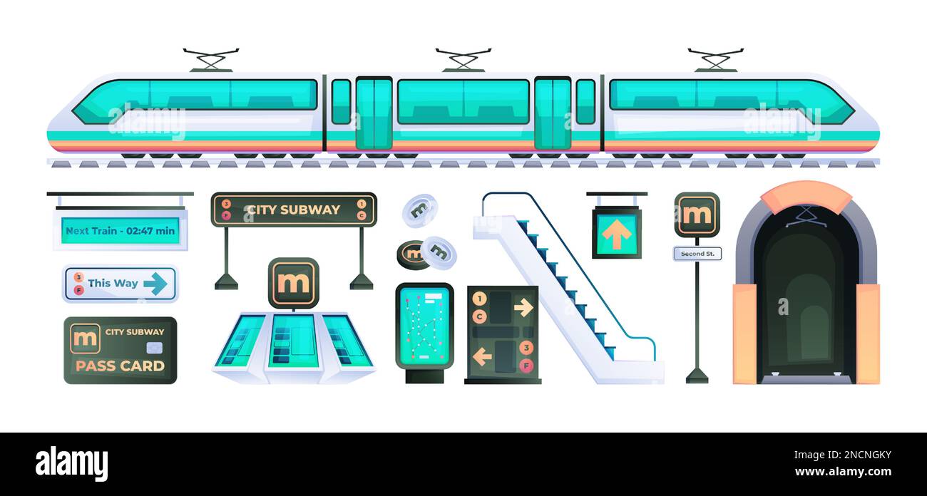Metro-Element der Stadt. U-Bahn-Infrastruktur, städtisches U-Bahn-Transportsystem, Drehkreuz für Rolltreppen. Vektorsatz. Schnellzug, Schild, Karte für die Navigation Stock Vektor