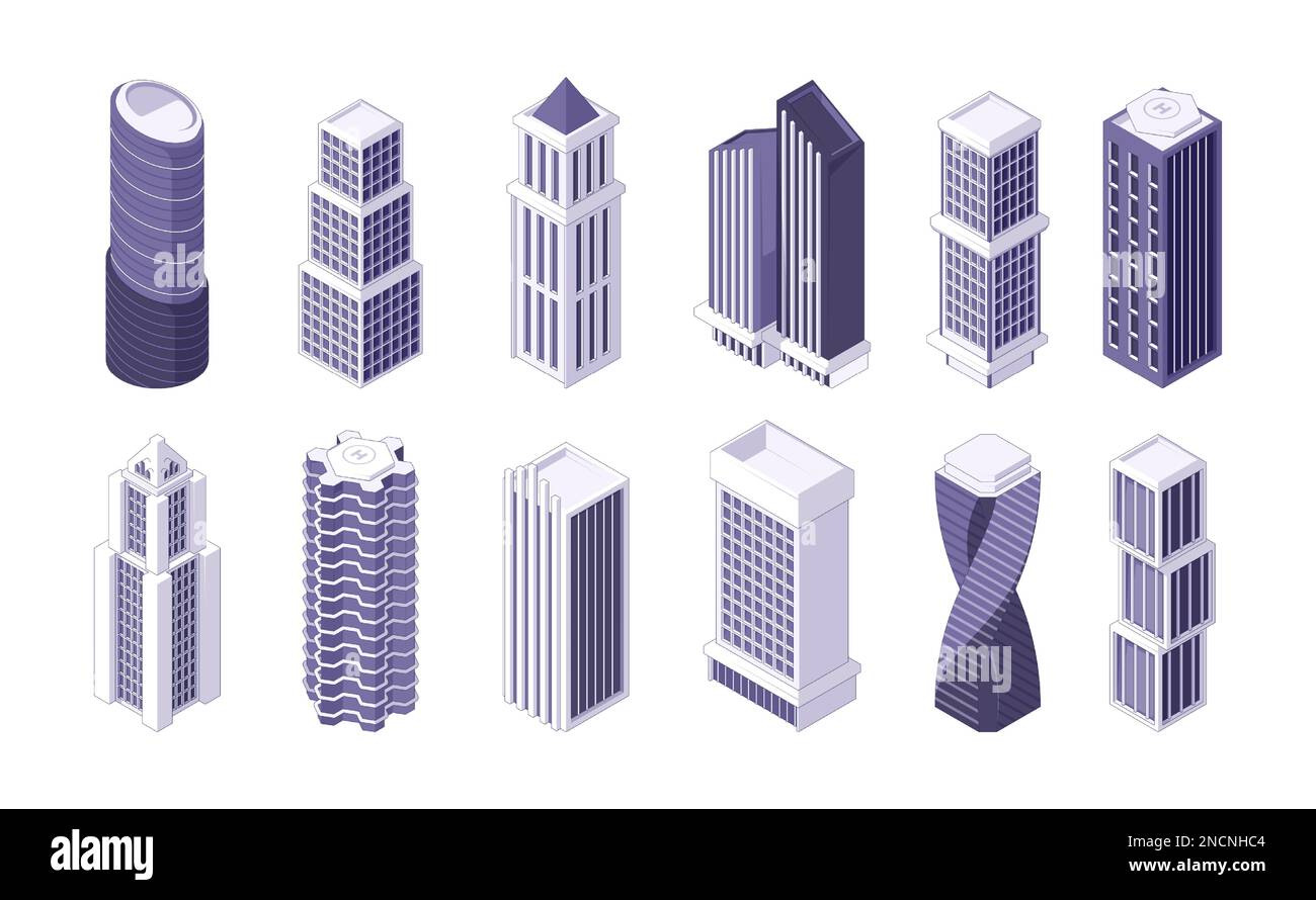 Isometrisches Wolkenkratzergebäude. Wohnungsbau, Stadtarchitektur mit Immobilien-Hochtürmen-Haus in der Isometrie. Vektorsatz. Futuristische Fassade verschiedener Formen Stock Vektor