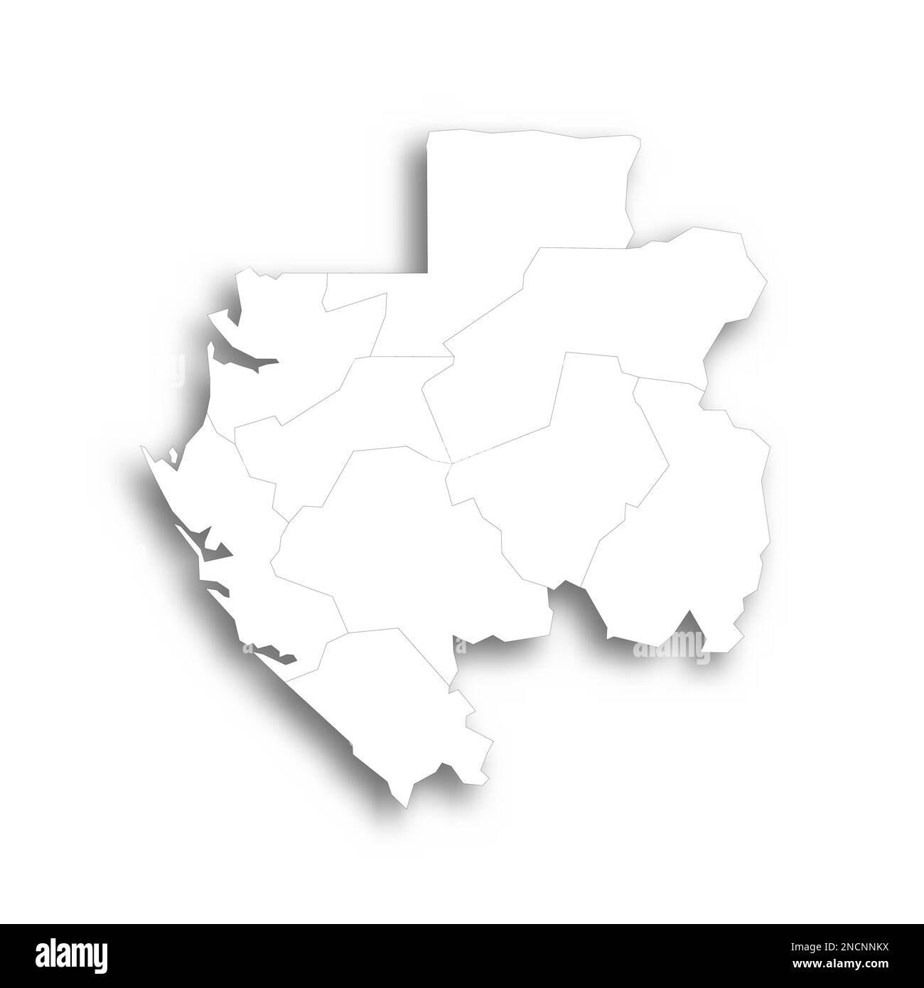 Gabun politische Karte der Verwaltungsabteilungen - Provinzen. Flache weiße, leere Karte mit dünnem schwarzen Umriss und Schlagschatten. Stock Vektor