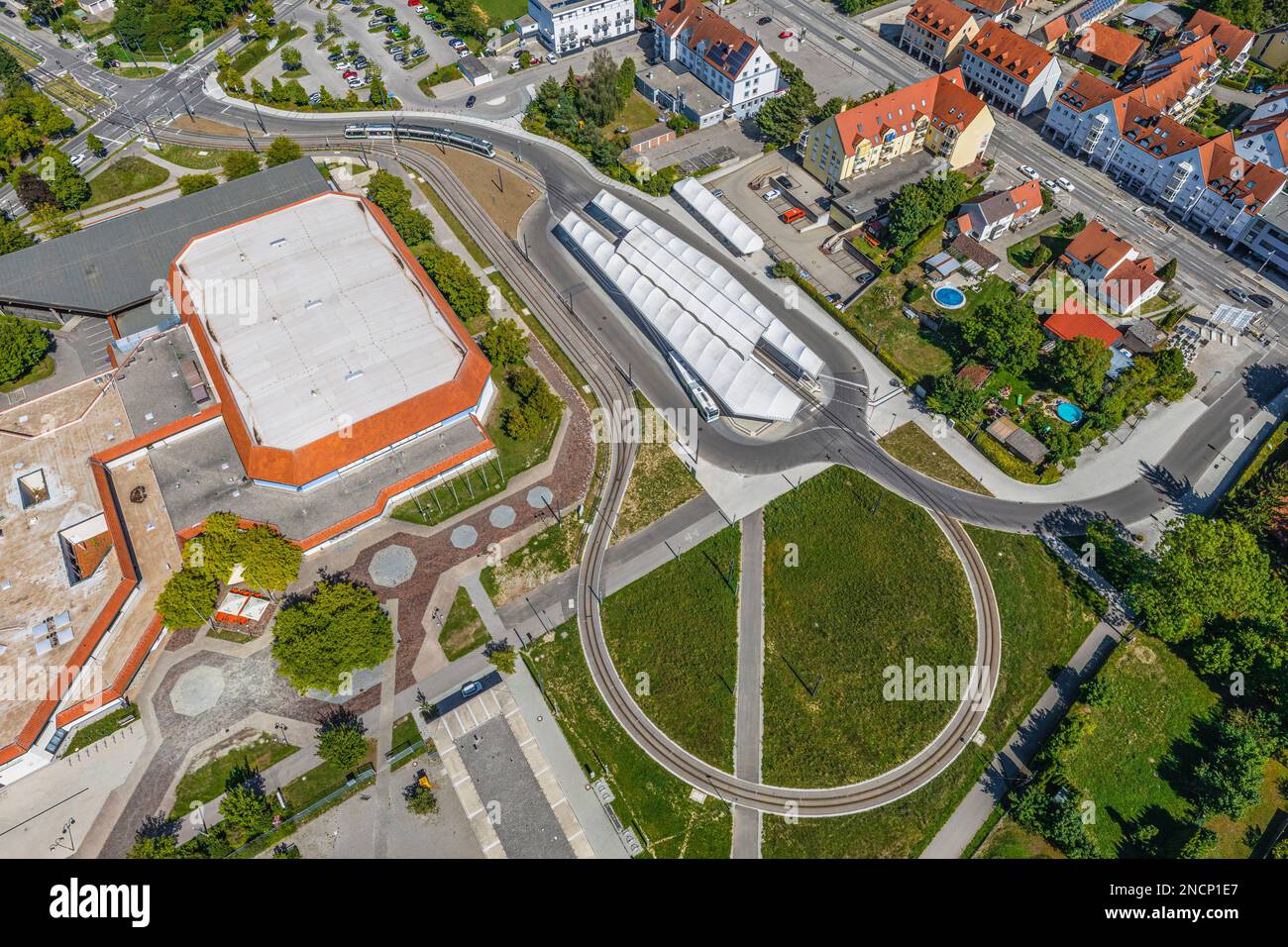 Luftaufnahme in die Region um die Stadt Königsbrunn, eine Stadt südlich von Augsburg am Lechfeld Stockfoto