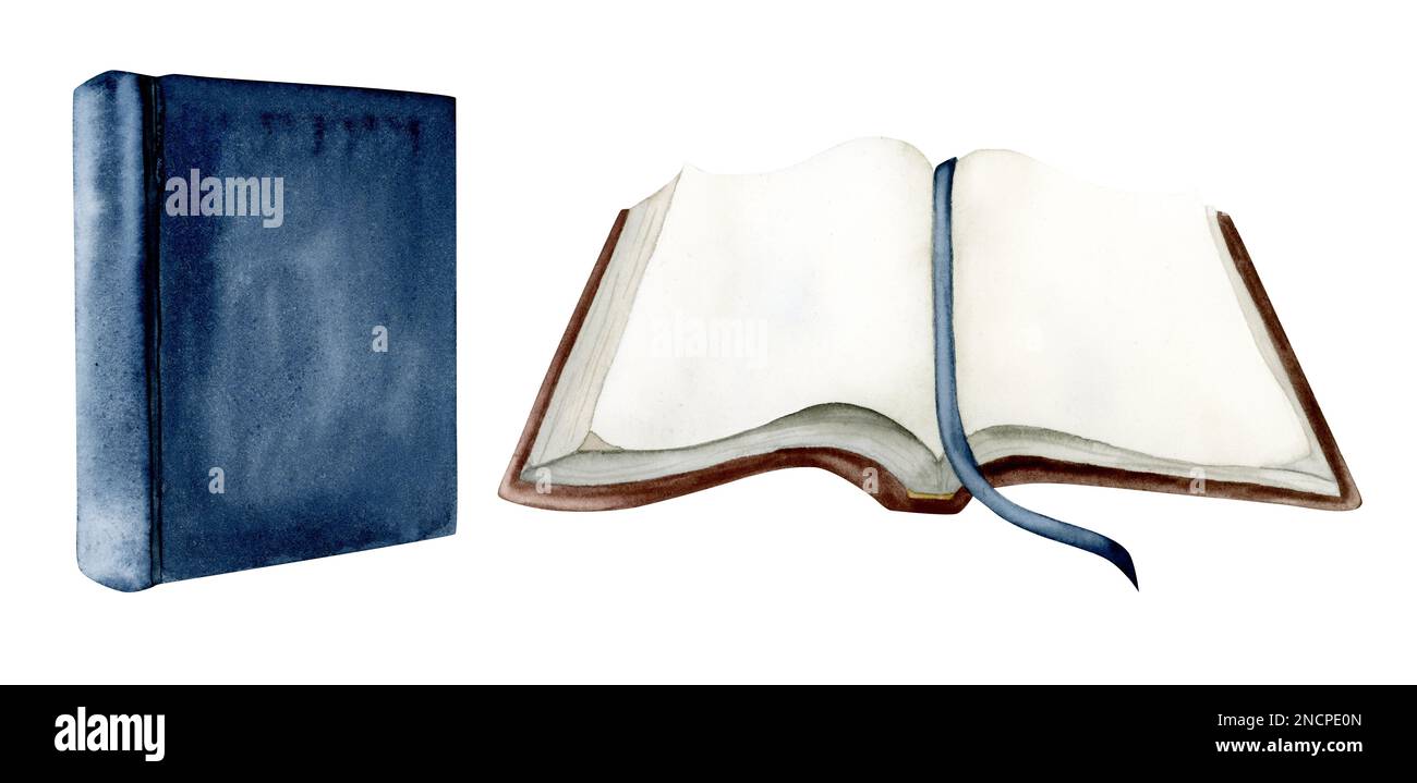 Aquarell-Satz geöffneter und geschlossener Bücher mit dunkelblauer und roter Umschlagszeichnung isoliert auf weißem Hintergrund für Haggadat Pesach Designs Stockfoto