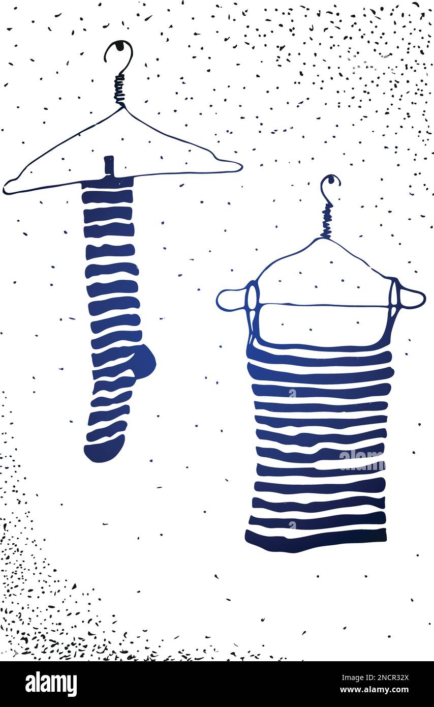 Hängende Kleidung Illustration Gravur, Strichgrafiken, Vektor. Stock Vektor