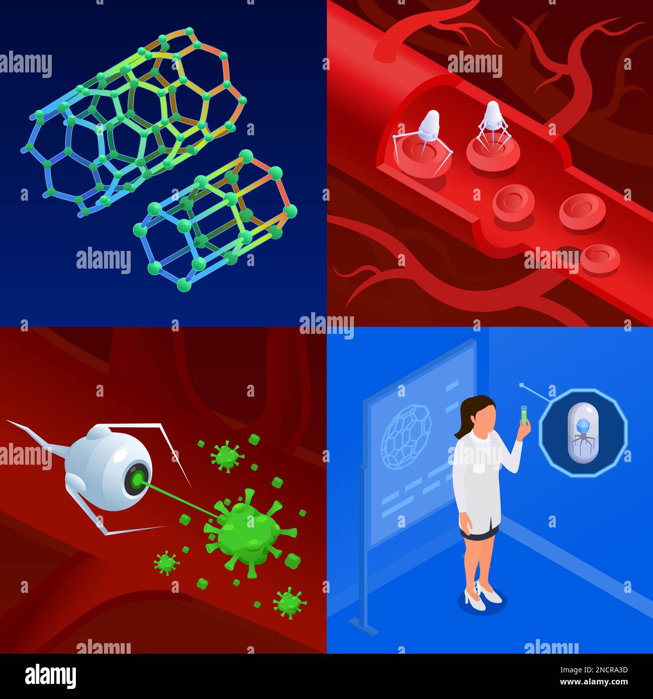 Isometrische Nanotechnologie 2x2-Designkonzept mit Nanotube-Nanorobots und Wissenschaftlerin im Labor isolierte Vektordarstellung Stock Vektor
